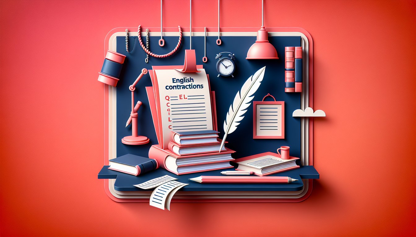 Paper art quiz graphic with English contractions challenge text on coral background showing paper letters and grammar icons