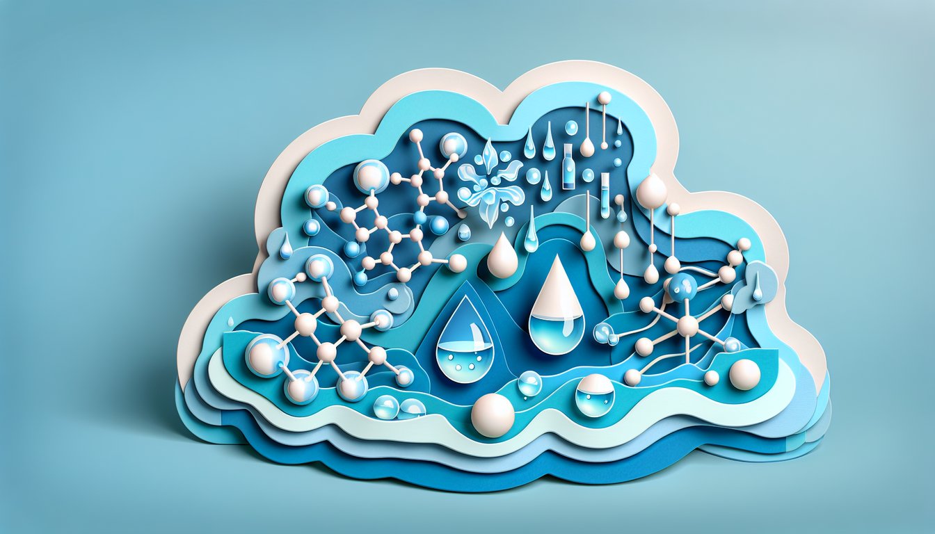 Paper art illustration showing water molecule, acid base pH scale, protein helix, cell compounds on sky blue background