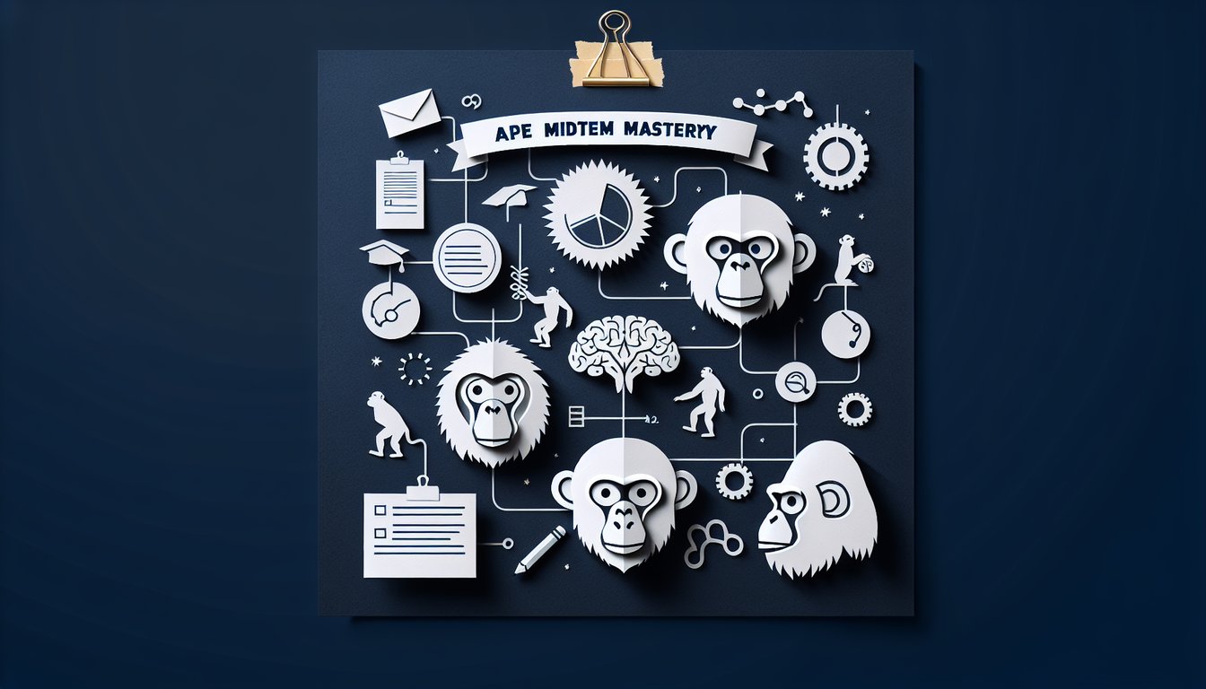 Colorful paper art promoting Ape Midterm Mastery, a high school-level primate biology quiz.