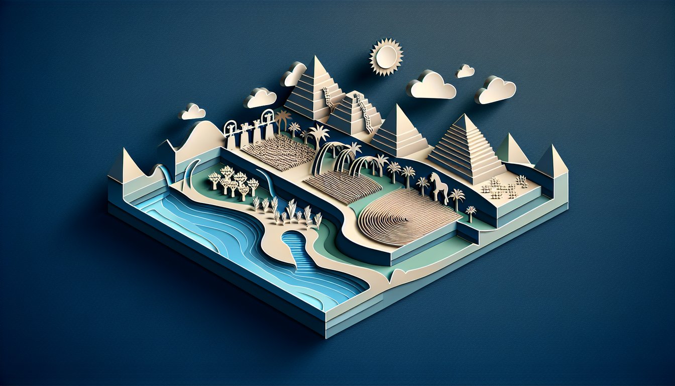 Paper art illustration showing cuneiform irrigation canals fertile fields farming tools on dark blue background for quiz