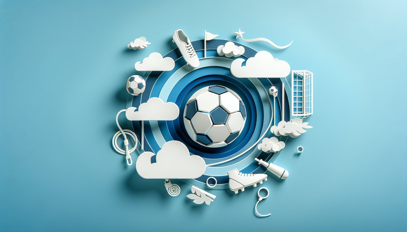Paper art soccer ball goalpost quiz banners on sky blue background showing player potential passion personality challenge