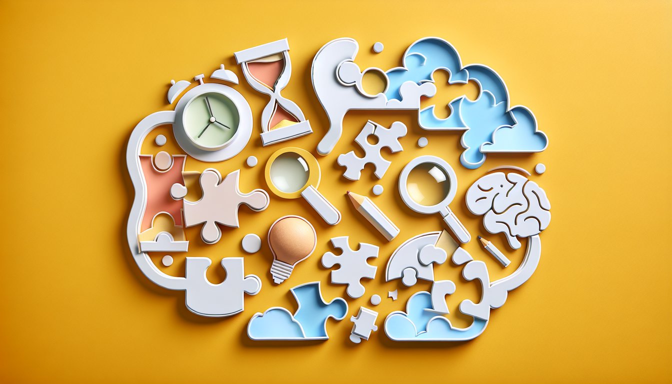 Layered paper art shapes and icons representing personality traits on golden yellow background with playful quiz typography