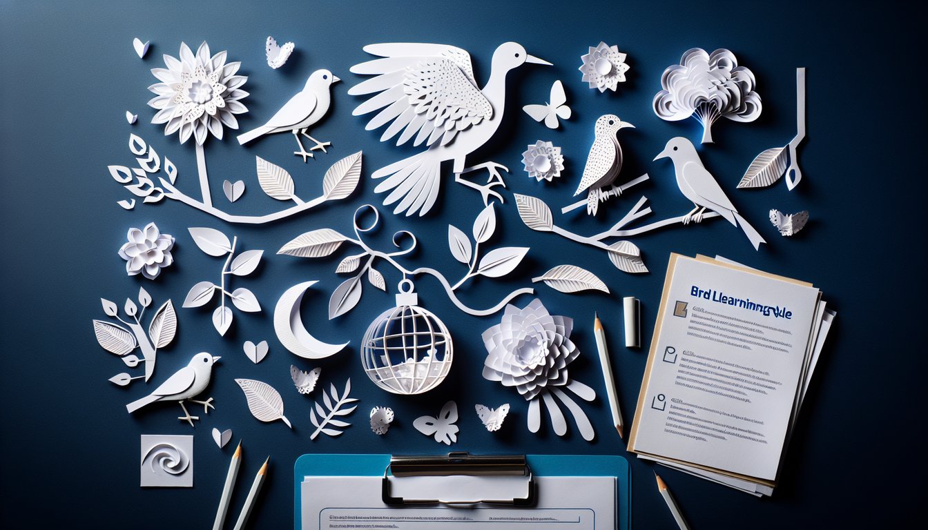 Colorful paper art promoting Bird Walk Quiz for middle school students learning bird biology.