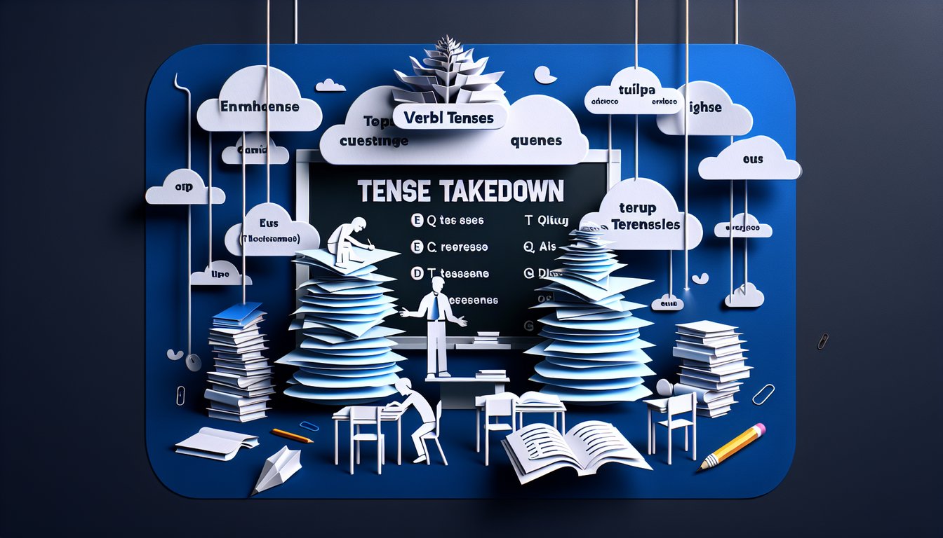 Colorful paper art promoting The Tense Takedown Quiz for high school English students