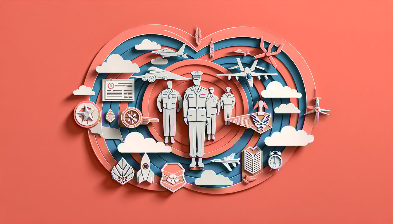 paper art style Air Force Level 5 CDC quiz poster with icons of career fields duties supervisory roles on coral background