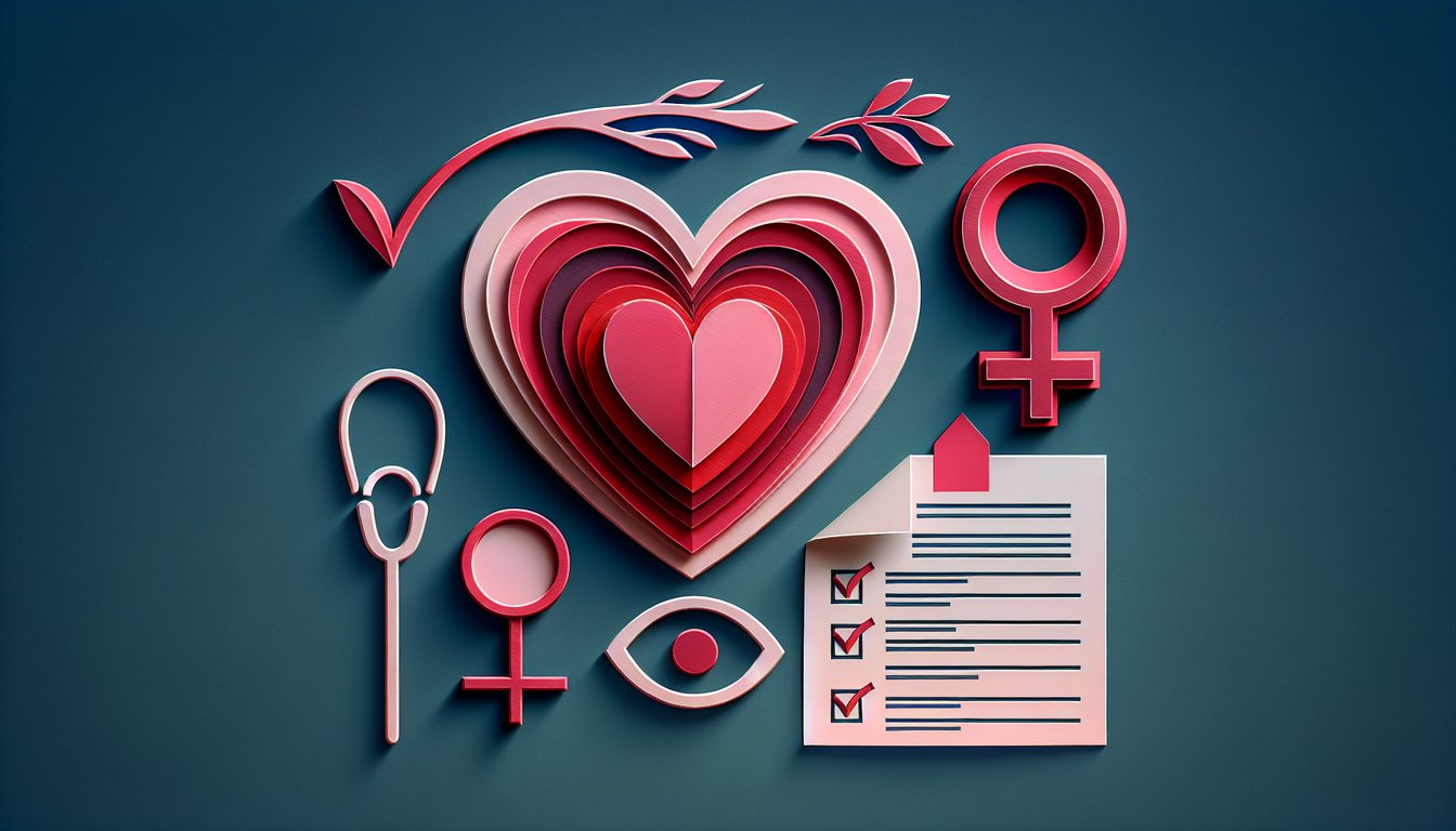Paper art illustration for heart attack quiz for women on dark blue background