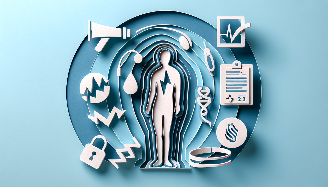 Paper art quiz graphic on sky blue background with scale and tired figure for Cushing syndrome symptoms weight gain fatigue