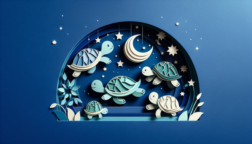 Paper art turtle silhouettes with masks and shells on dark blue background for TMNT quiz promotion