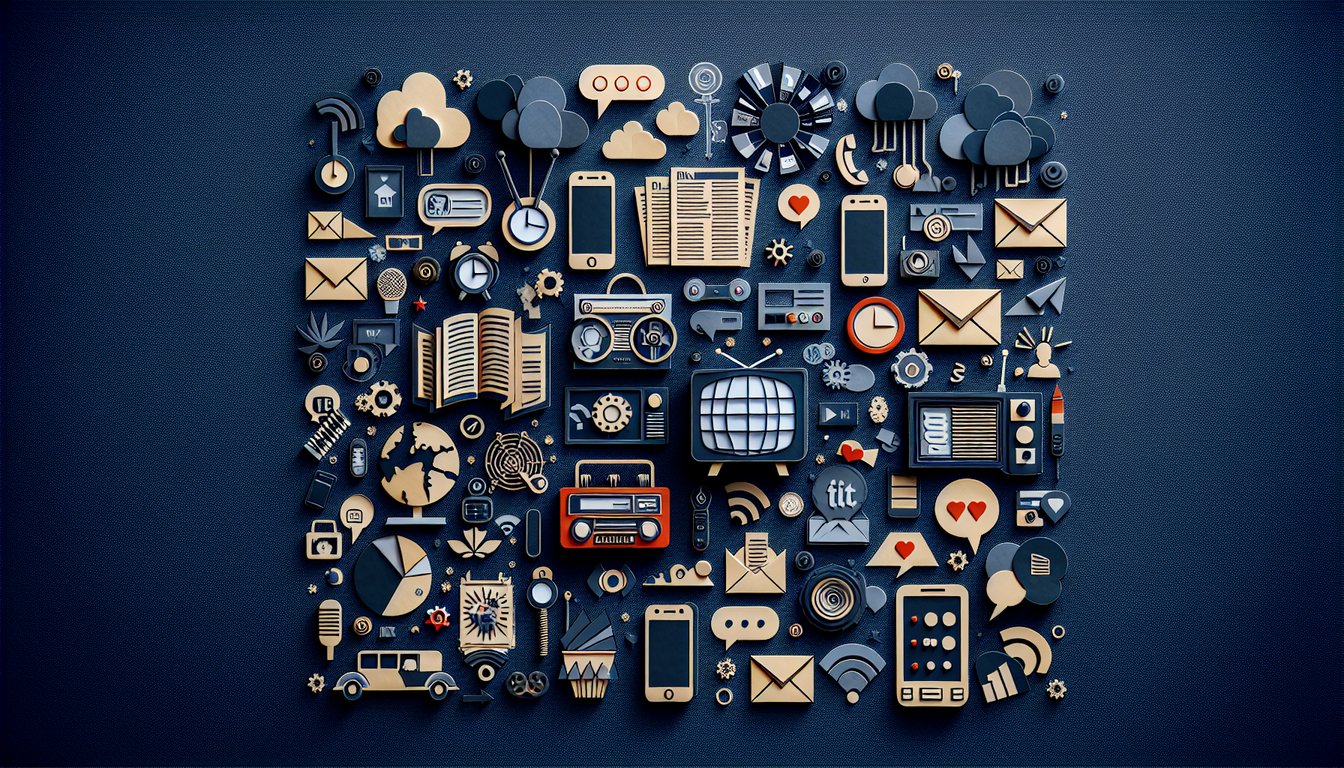 Colorful paper art displaying elements related to media consumption and communication quiz