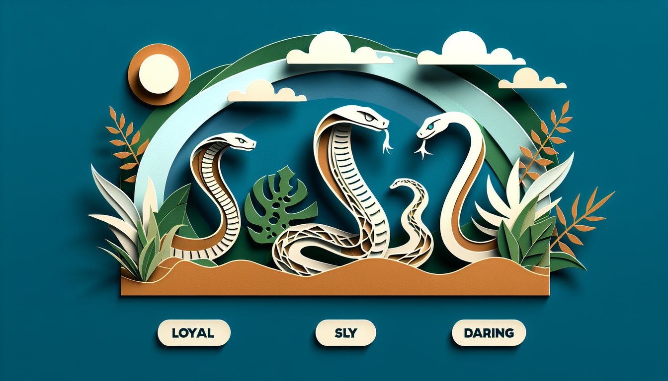paper art snakes on teal background with playful quiz prompt revealing loyal sly or daring serpent spirit