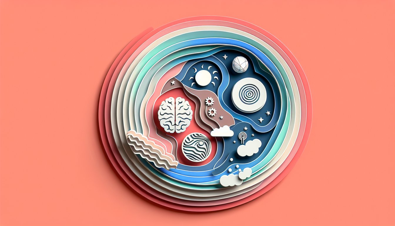 Paper art brain layers eyelid moon pill icons on coral background representing sleep cycles dreams hypnosis and drug quiz
