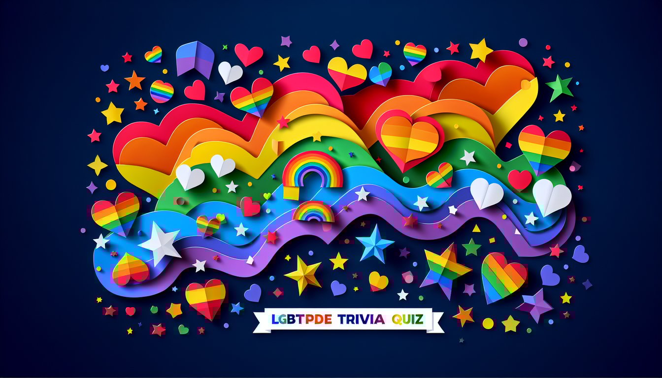 Colorful paper art depicting elements of LGBTQ Pride for a trivia quiz