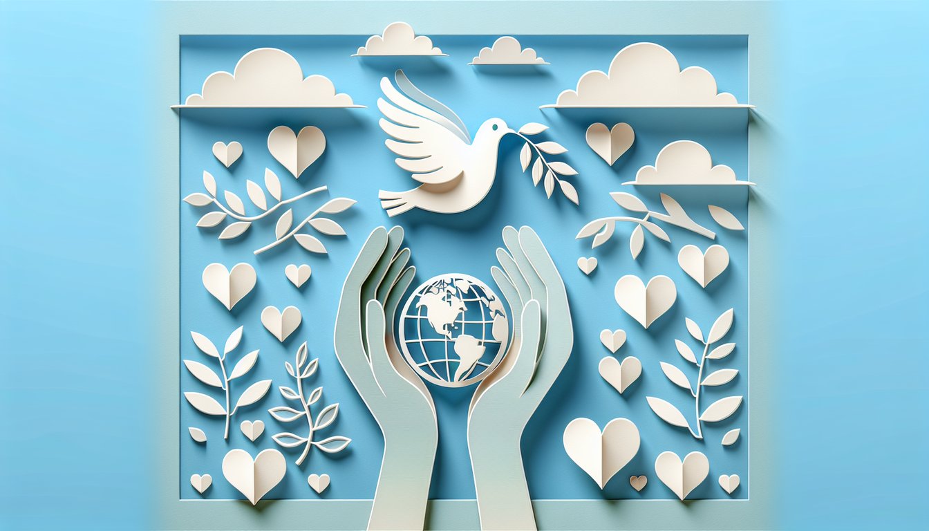 Paper cut hearts and question marks on sky blue background inviting kindness quiz challenge
