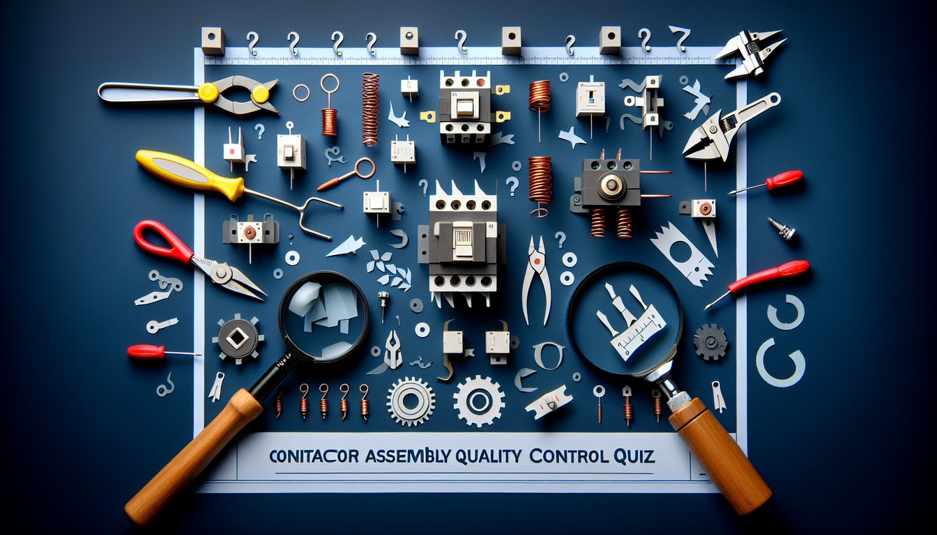 Colorful paper art depicting a quiz on Contactor Assembly Quality Control.