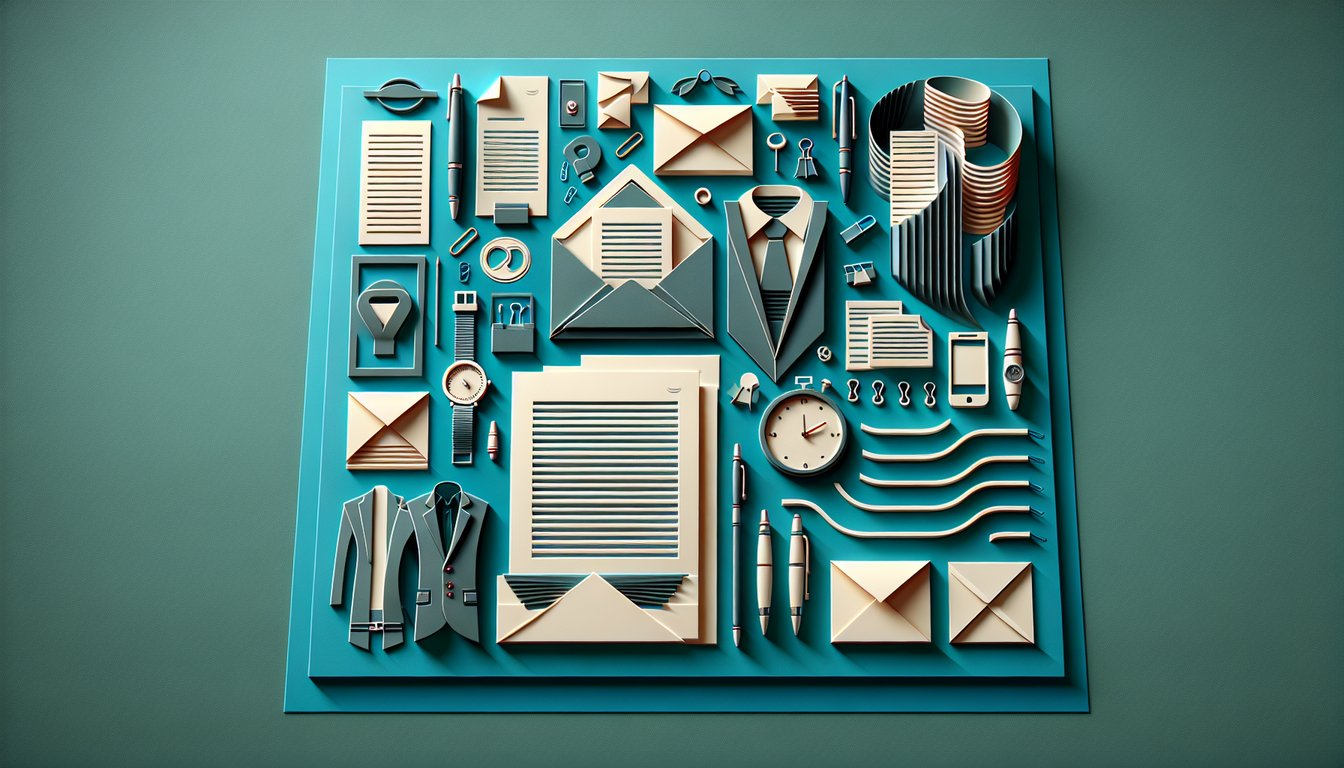 paper art illustration of letter, envelope and pen on teal background representing business correspondence quiz.