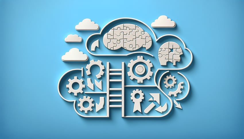 Paper art icons of books puzzle pieces magnifying glass on sky blue background for Miller Analogies Test practice quiz