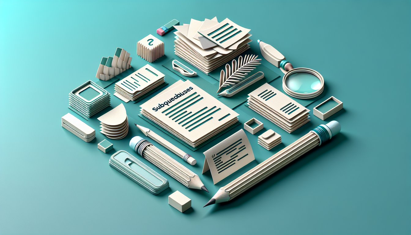 Paper art illustration of subordinate clauses quiz title on teal background with paper layers letters and plant shapes