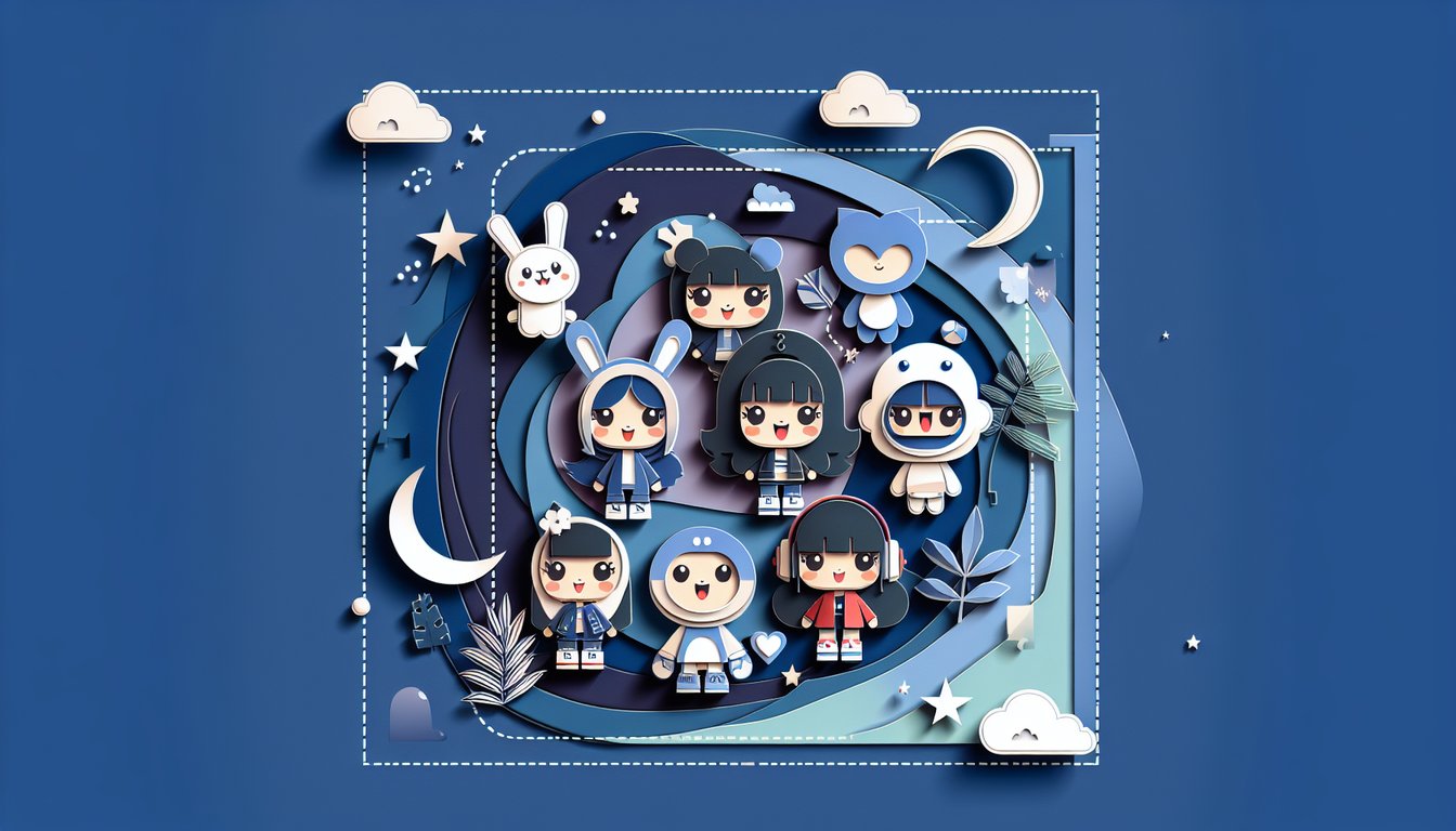 Paper art illustration for XO Kitty personality quiz on a dark blue background