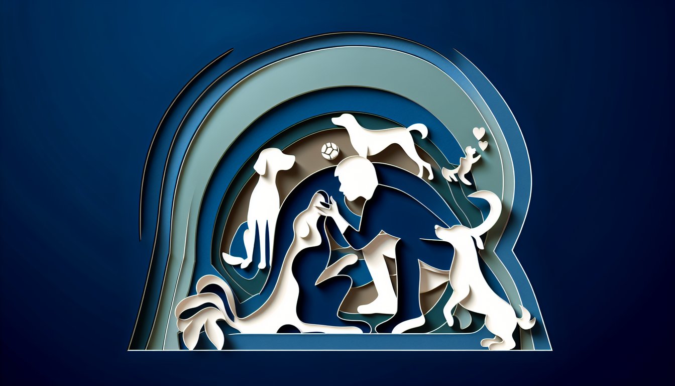 Paper art dog with heart shapes and quiz elements on dark blue background for free Does My Dog Love Me quiz