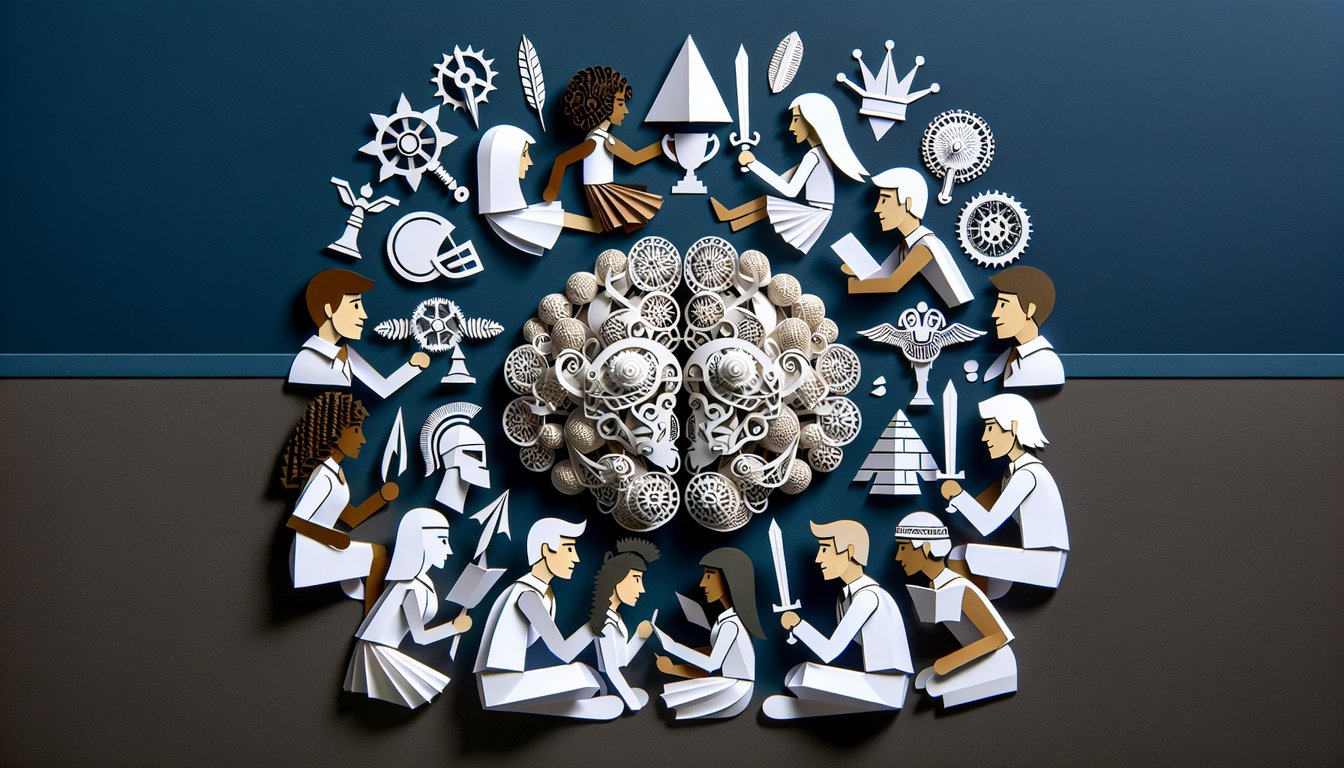 Colorful paper art illustrating a trivia game for high school history students.