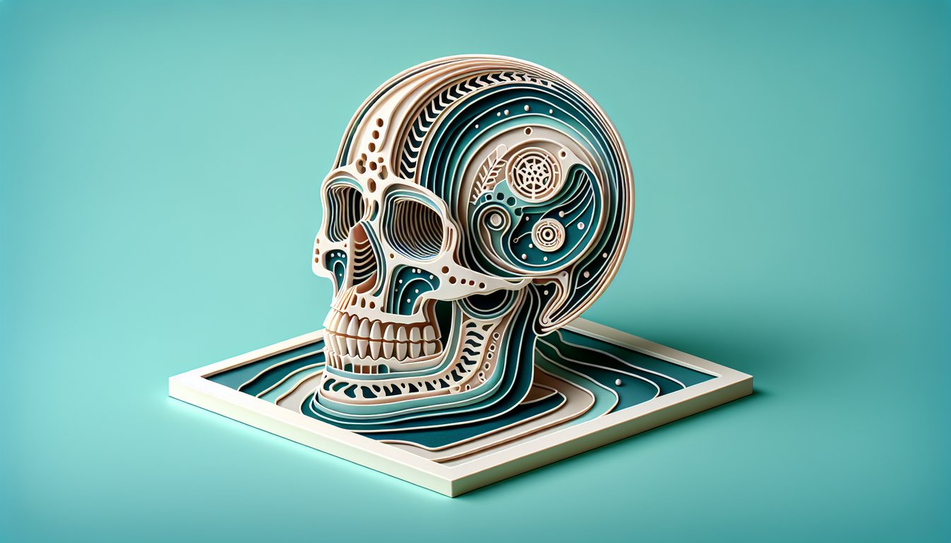 Paper art illustration of skull inferior view on teal background highlighting bones for parts of the skull anatomy quiz