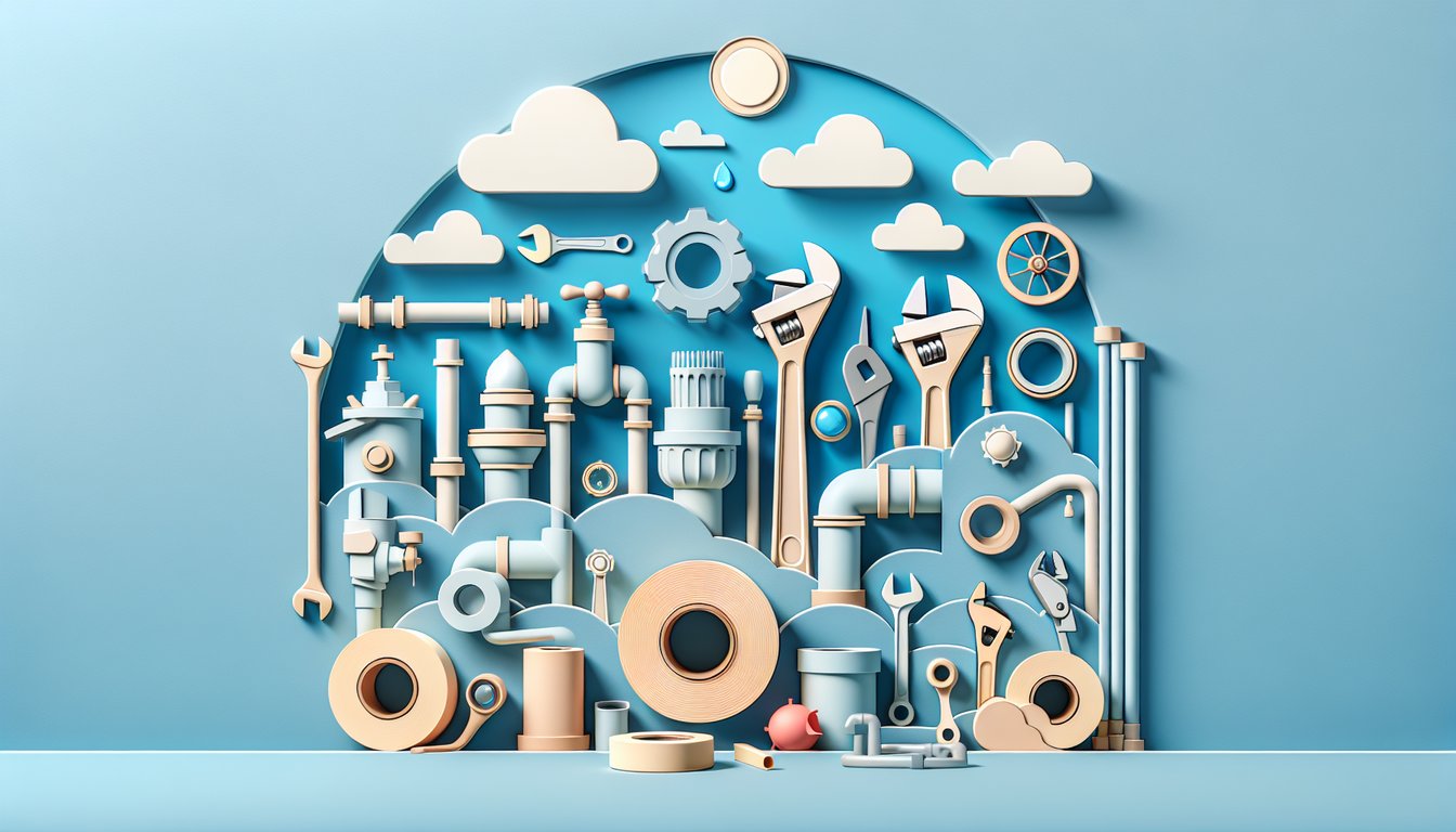 Paper art illustration for plumbing practice test quiz on a sky blue background