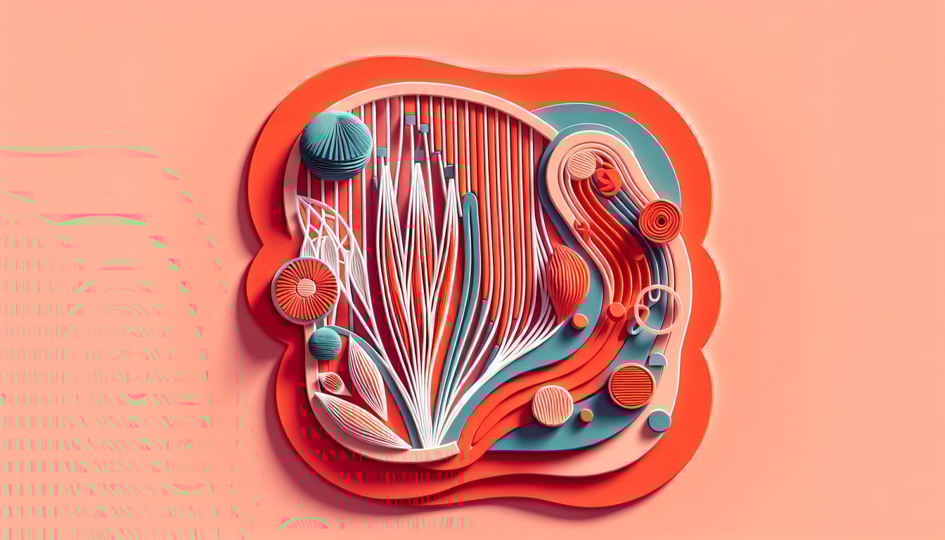 Layered paper art shows muscle fibers neuromuscular junction and quiz heading on coral background