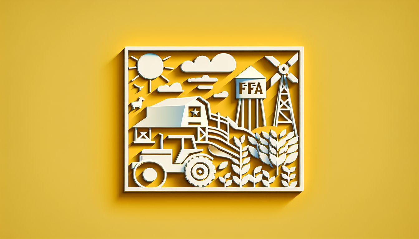 Paper art illustration for FFA practice test quiz on a golden yellow background