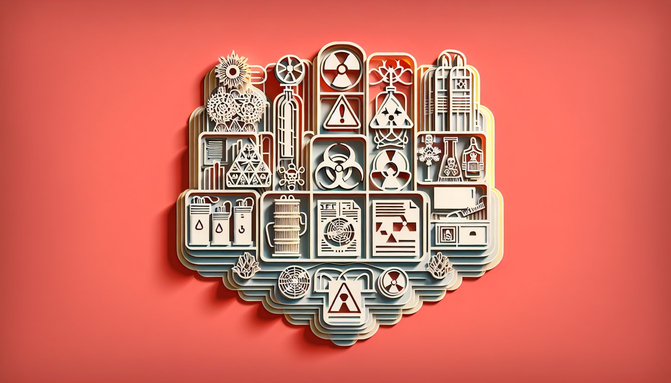 Paper art illustration of shipping boxes hazard labels FedEx DG quiz title on coral background