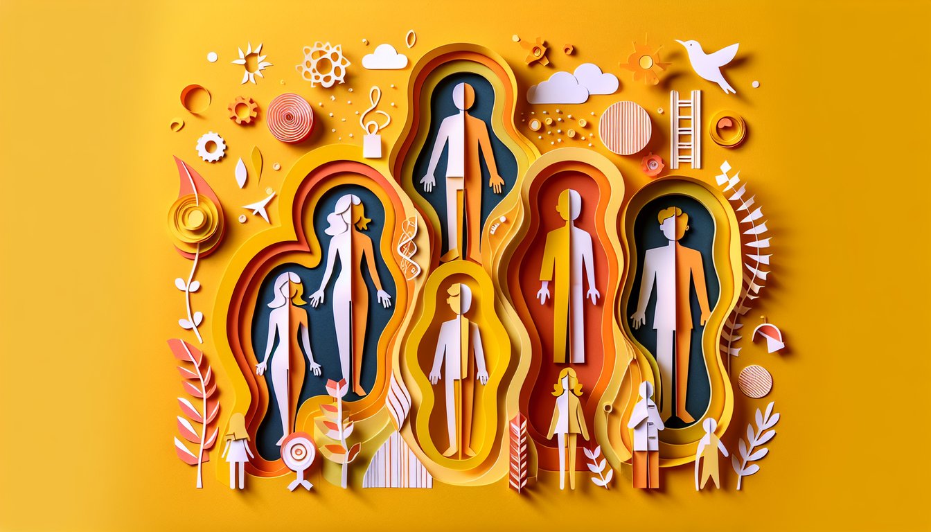 Paper art illustration for body type quiz with styling tips based on Kibbe body types on golden yellow background.