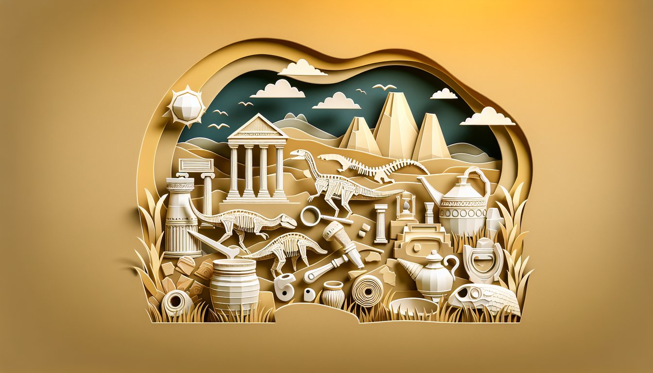 paper art with Archaeology Questions Quiz title, pottery shard skull trowel brush on golden yellow background