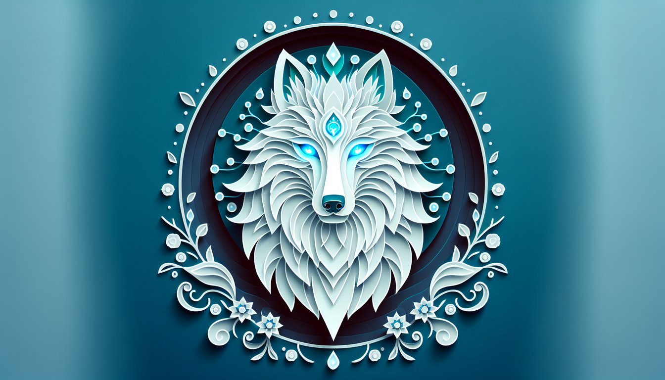Paper art white wolf with blue eyes on teal background invites quiz to uncover spiritual symbolism