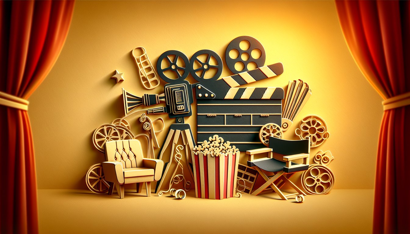 Paper art quiz on golden yellow background with actor names for movie trivia challenge