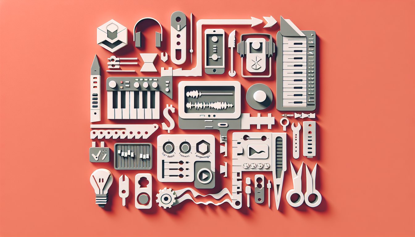 Paper art illustration of microphone headphones mixing console tracks on coral background for Pro Tools skills quiz