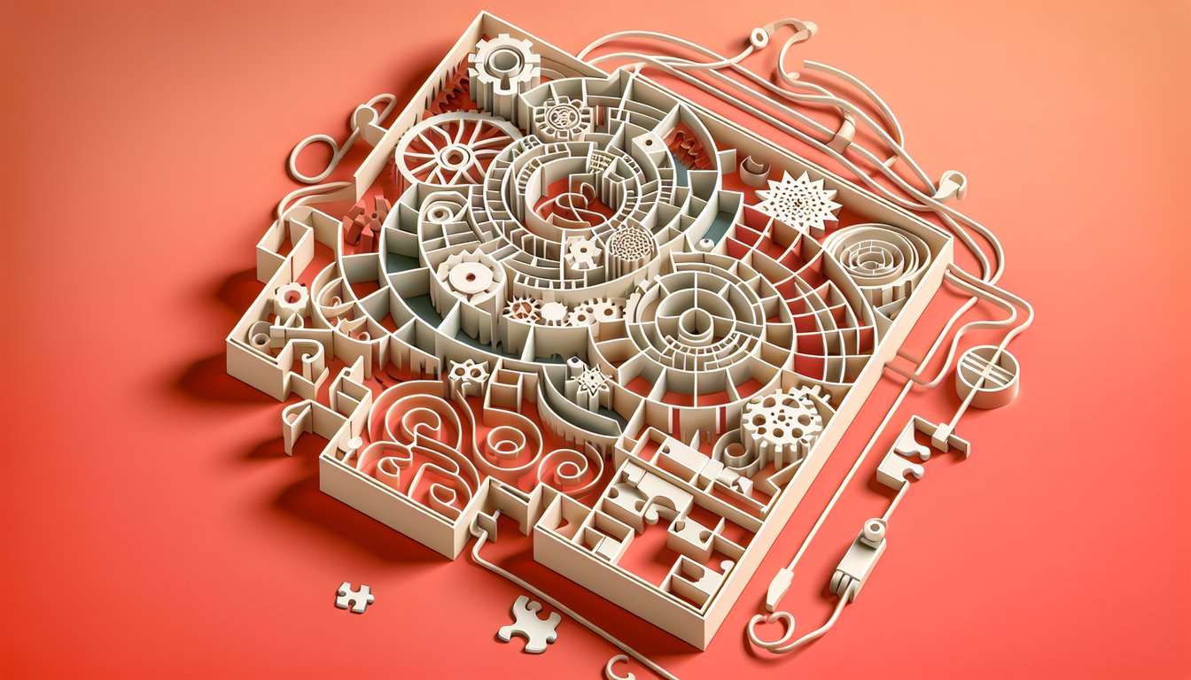 Paper art illustration of tangled metal rings on coral background for mechanical disentangle puzzle quiz