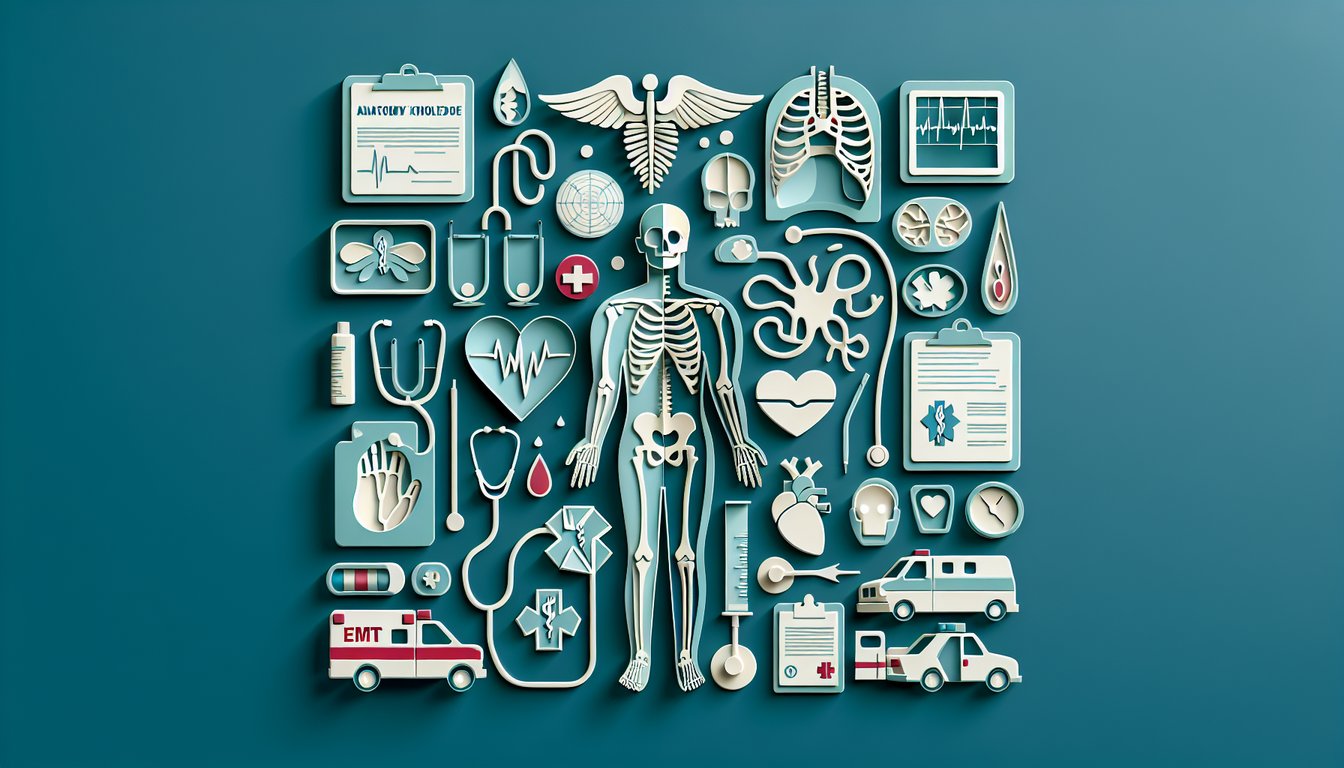 paper art illustration featuring human anatomy elements and medical symbols on teal background for EMT B practice quiz