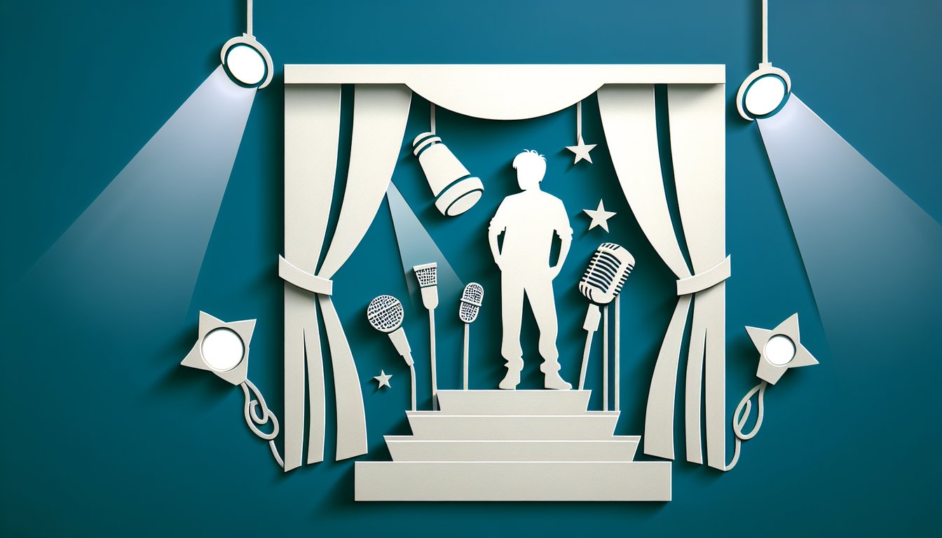 Paper art illustration for performer name generator quiz on teal background