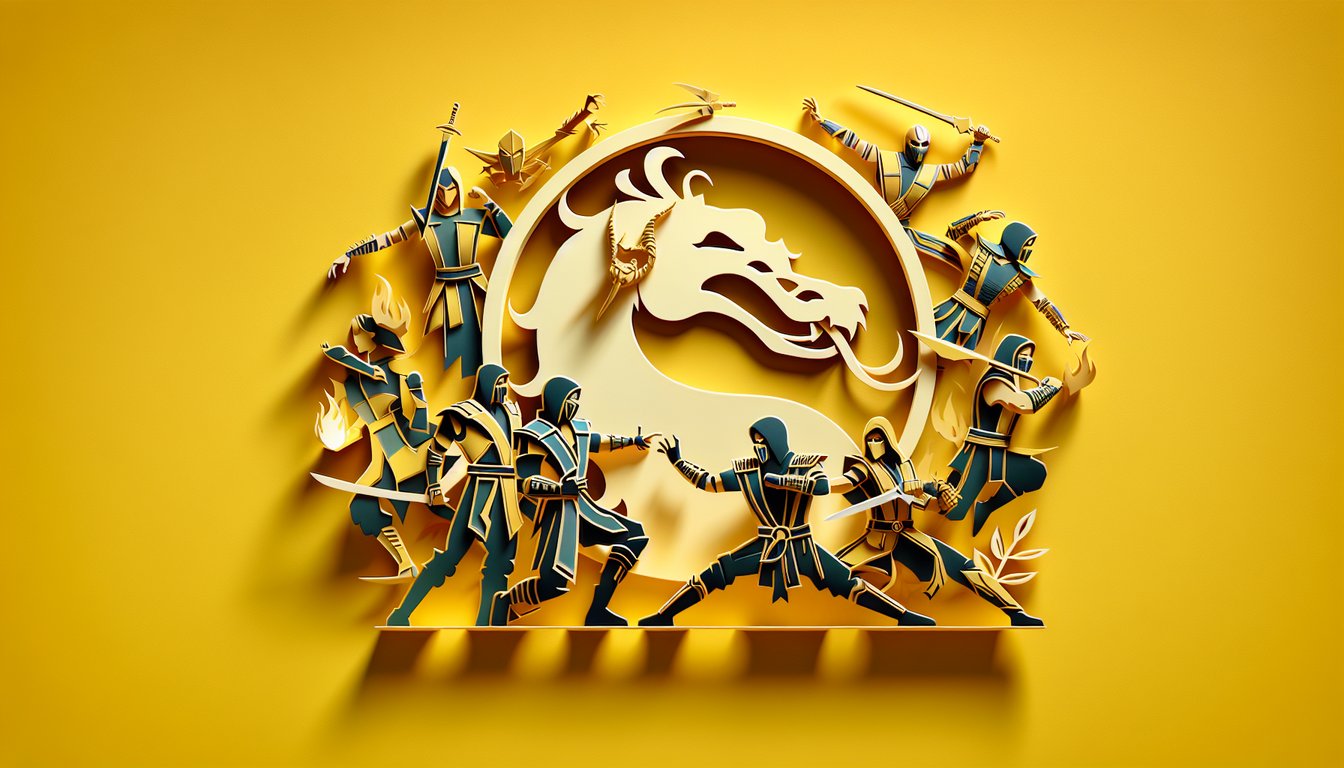 Paper art illustration for Mortal Kombat trivia quiz on golden yellow background