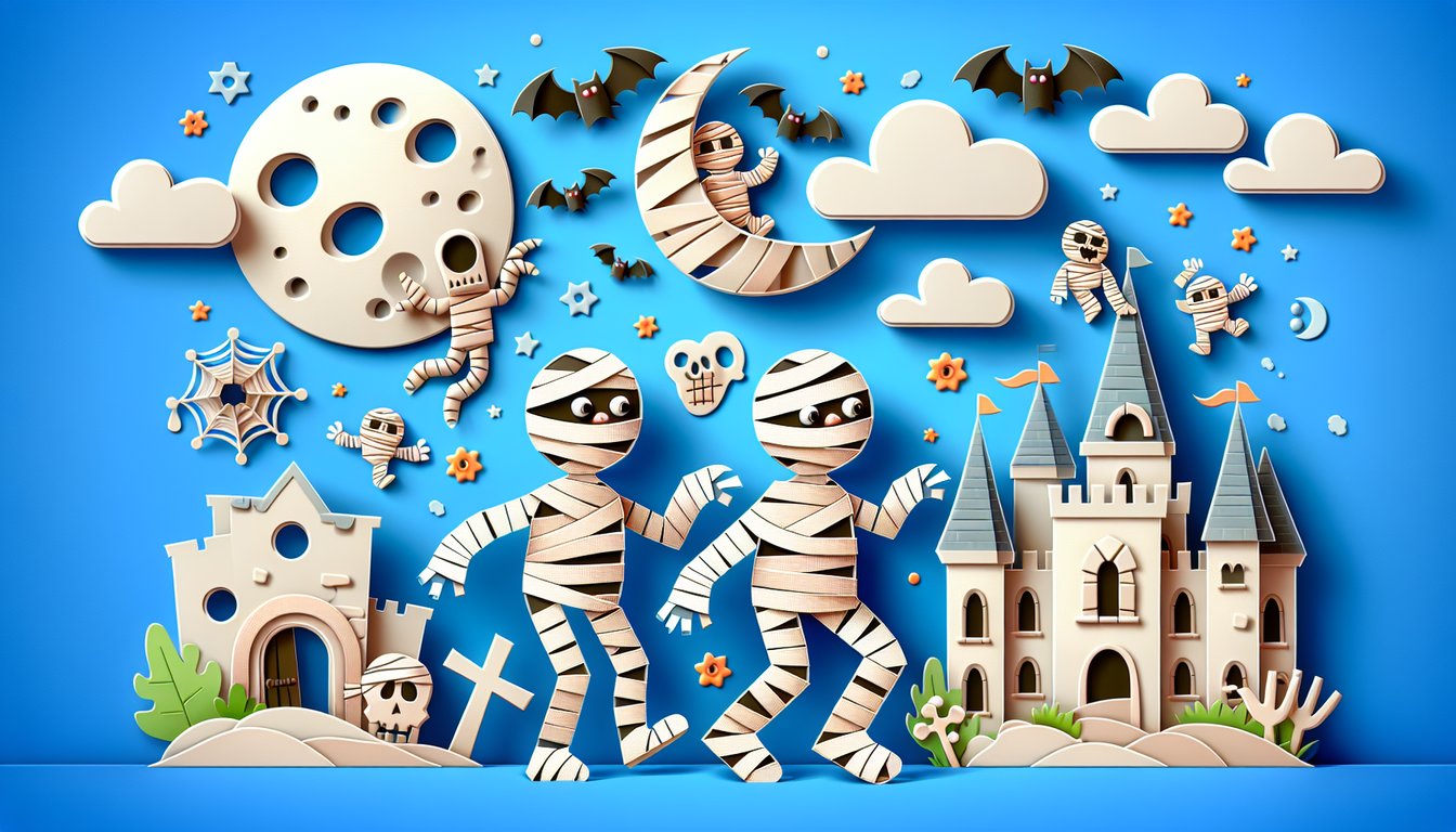 Paper art style mummy face with torn bandages and glowing eyes on sky blue background for a spooky quiz