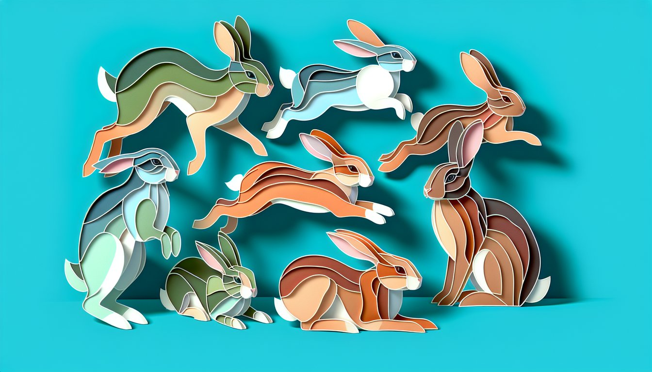 Paper art illustration of stylized rabbits on a teal background to accompany a bunny breed identification quiz