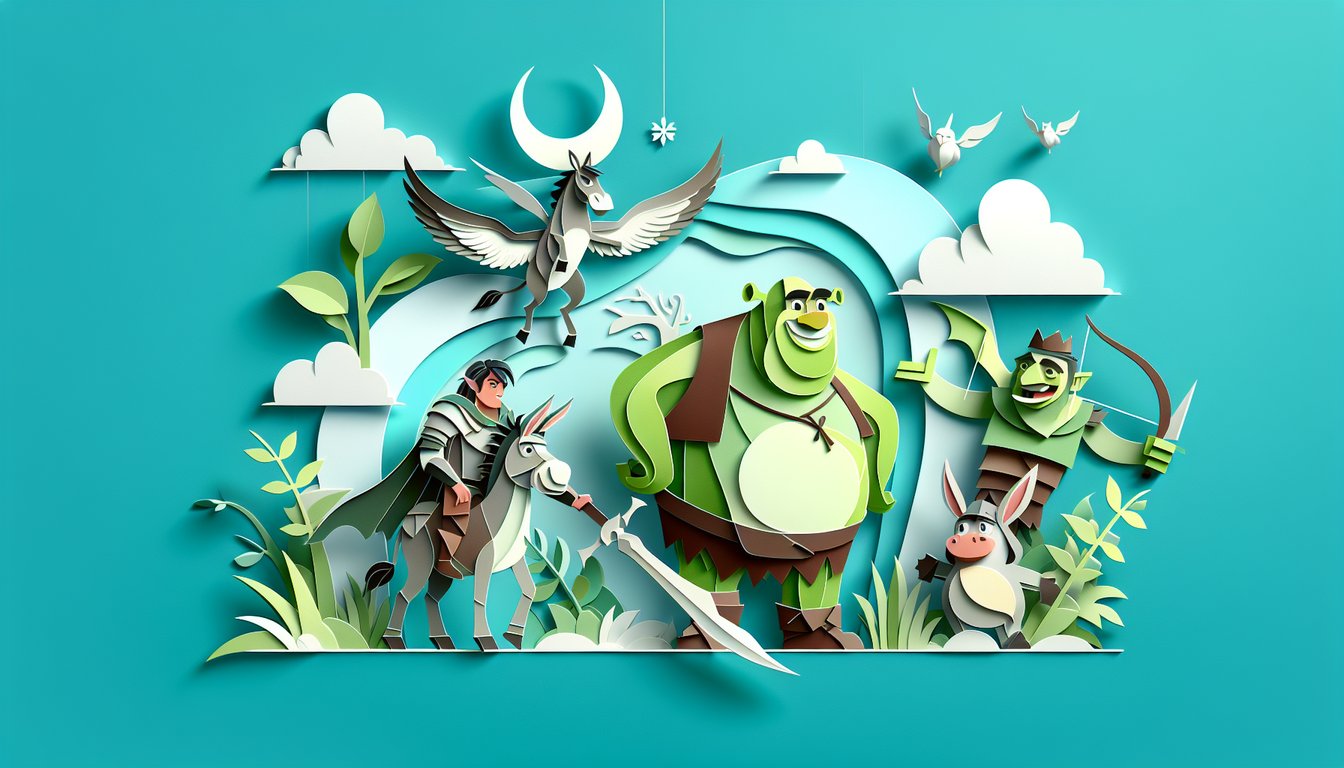 Paper art illustration for Shrek character personality quiz on teal background