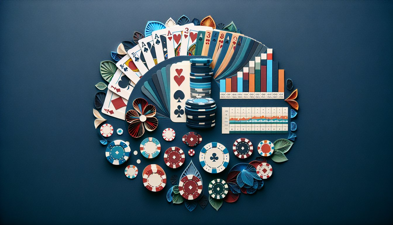 Colorful paper art displaying poker elements for a probability and range evaluation quiz