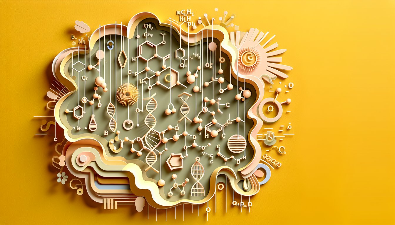 Paper art illustration for amino acid quiz on a golden yellow background