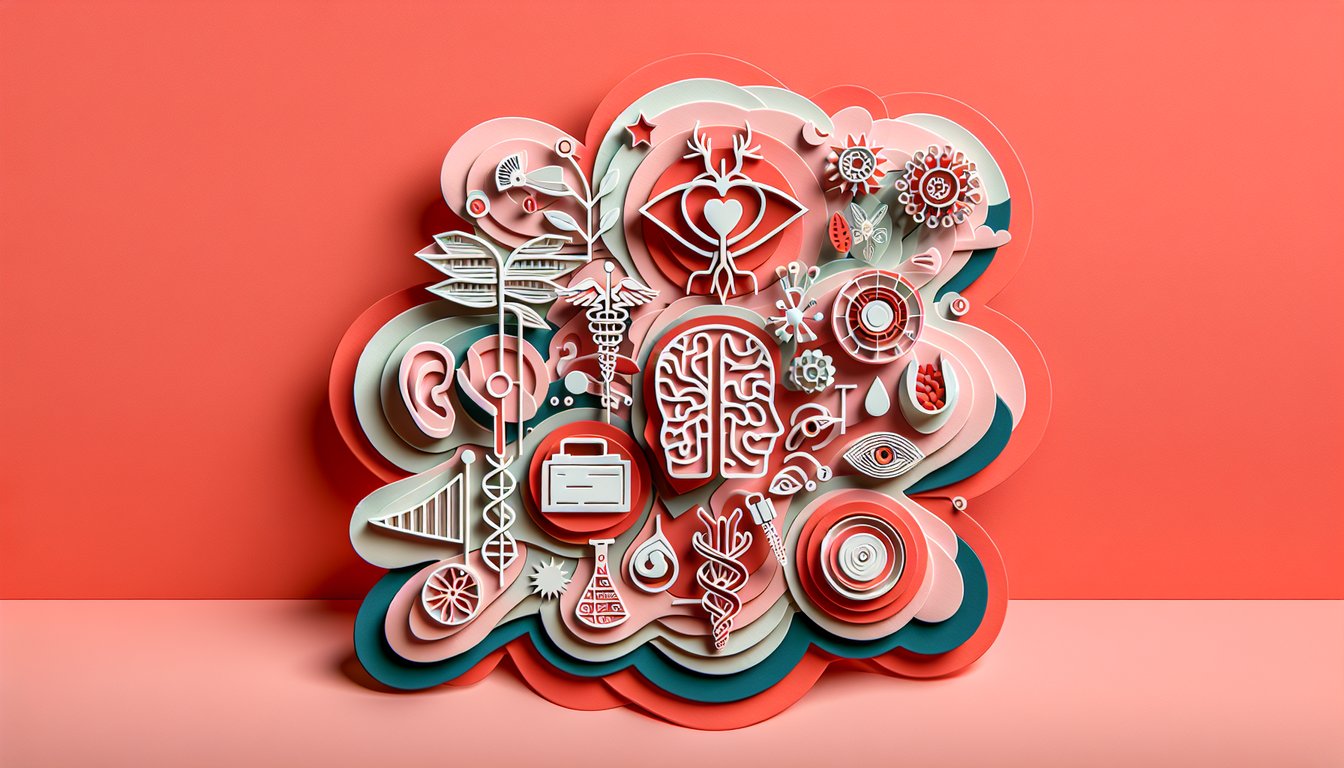 Paper art showing brain eye ear mastoid spinal cord for medical coding quiz on nervous system disorders on coral background