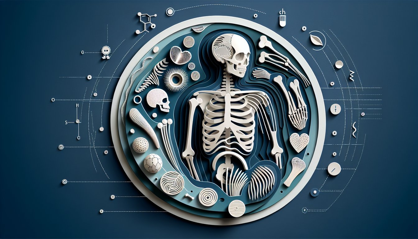 Paper art illustration for Anatomy and Physiology Exam 2 quiz testing skeletal system skills on dark blue background