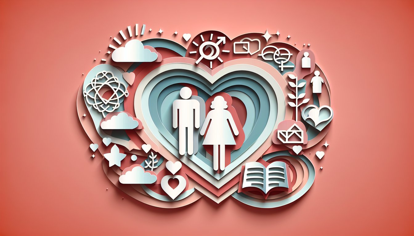 Paper art illustration for ideal type quiz on a coral background