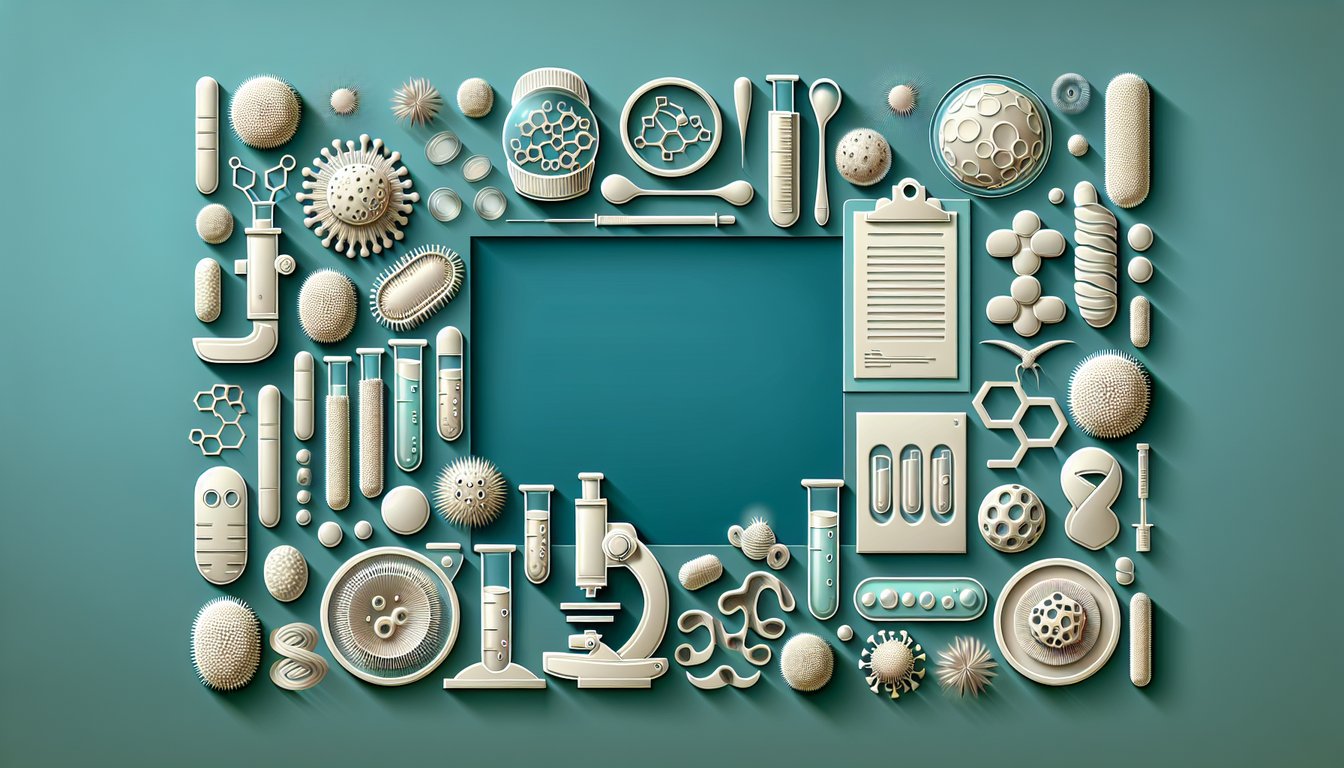 Paper art microbes lab tools pathogens around final exam quiz title on teal background.