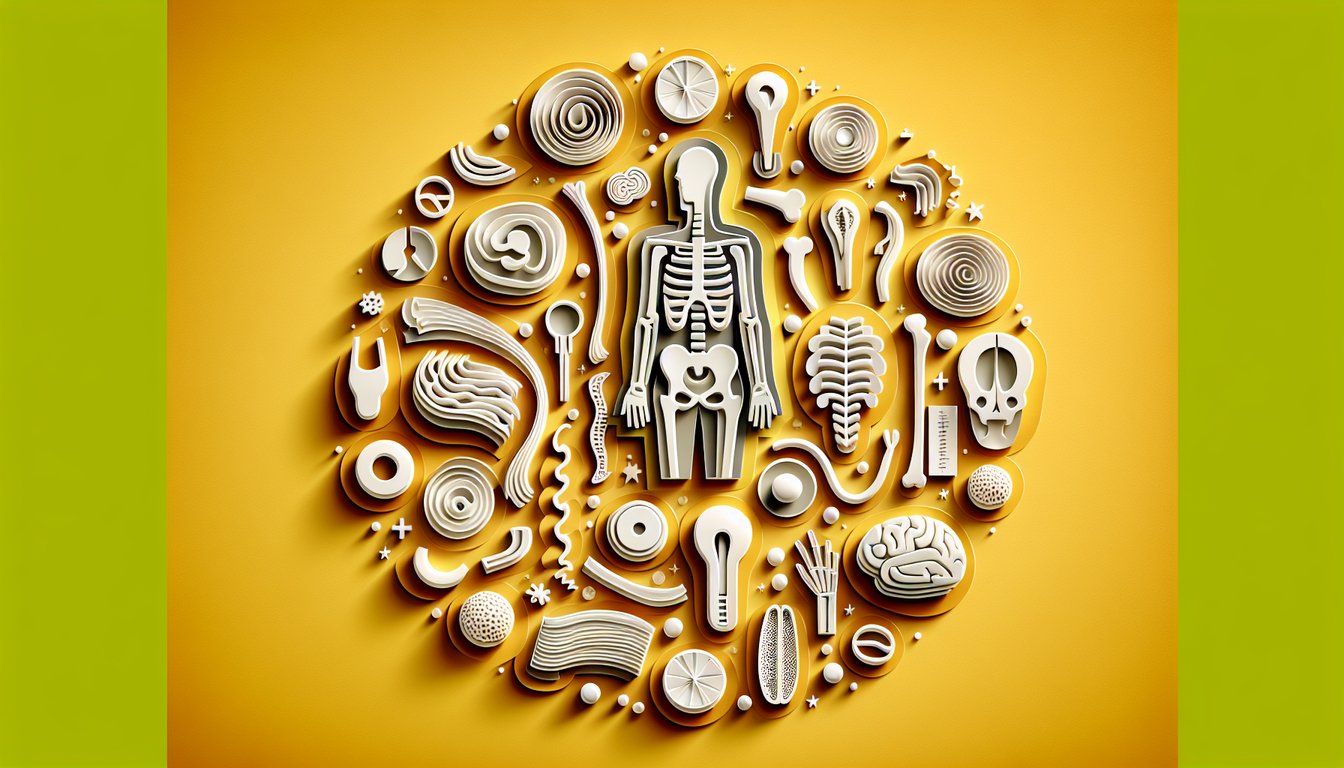 Paper-art style human body organs quiz graphic on golden yellow background