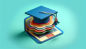Graduation cap resting on a laptop with a teal background in a paper-art style illustration