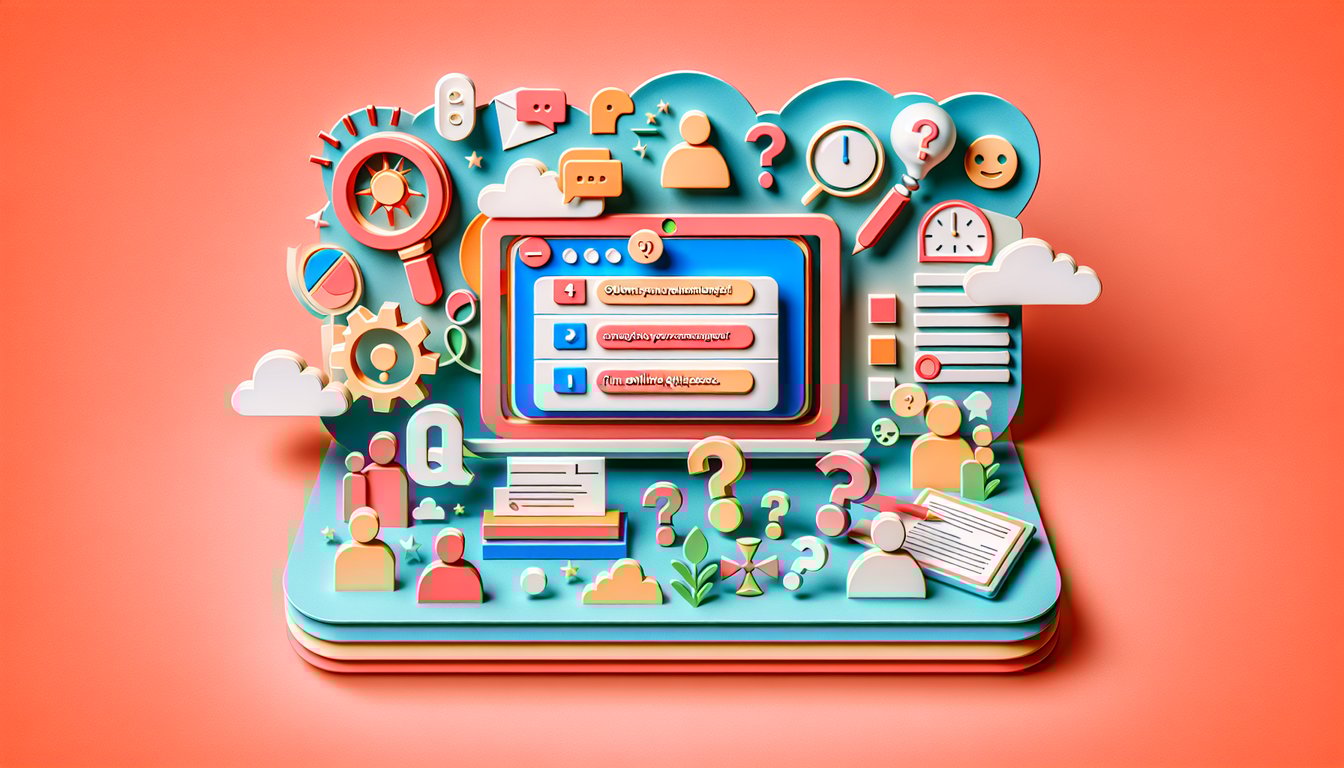 Paper art illustration with question mark, laptop, checklist and playful icons on a coral background.